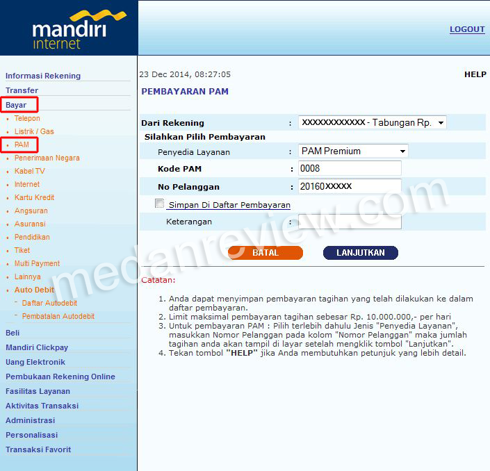 Pembayaran PDAM Tirtanadi Melalui Internet Banking Bank Mandiri